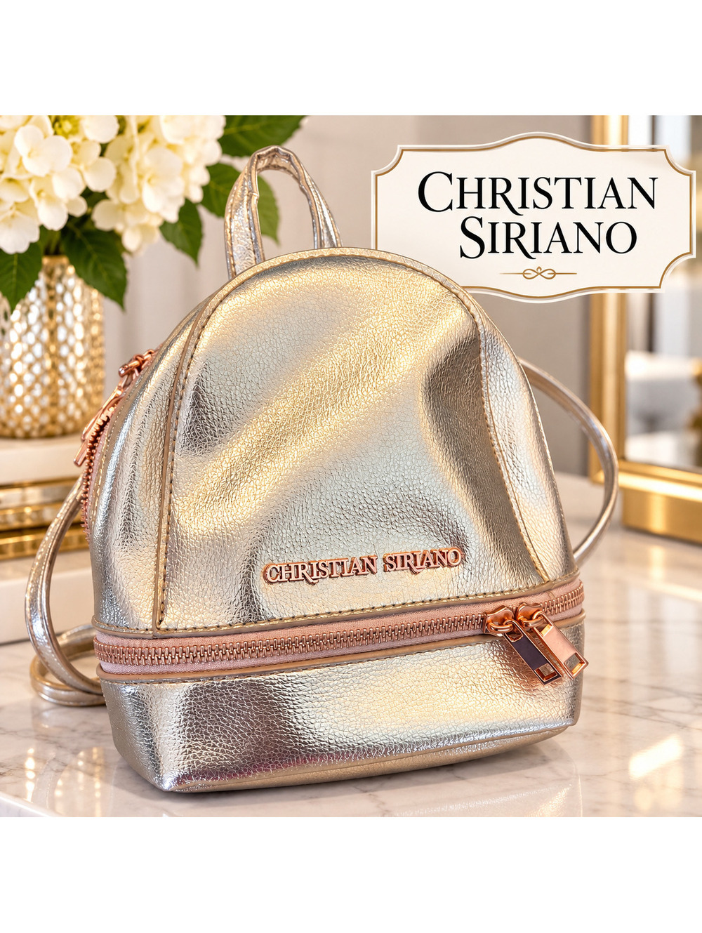 Christian Siriano | OS | Silver Metallic Mini Backpack Rose Gold Hardware